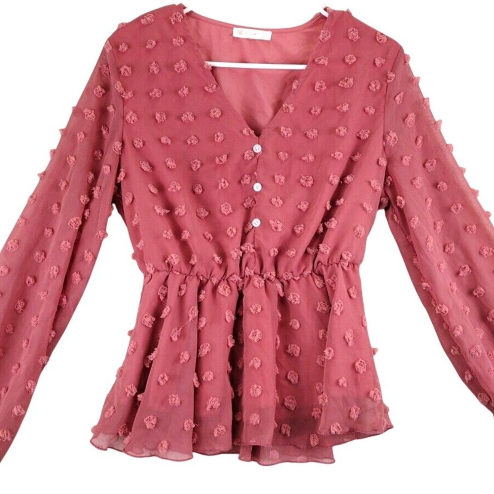 KIRUNDO Women's Pink Textured Peplum V Neck Long Sleeve‎ Blouse Shirt Top Size S